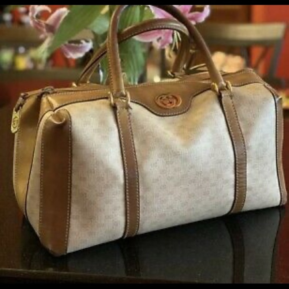 Vintage Gucci Tan GG Monogram Signature Boston Bag